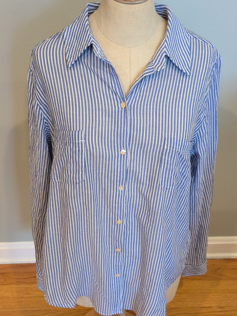 Lilly Pulitzer Blue and White Striped Casual Button-Down Shirt Medium